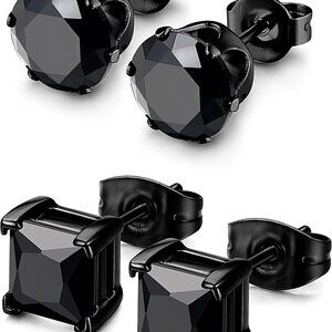 2 Pairs Hypoallergenic CZ Black Stud Earrings - Elegant 316L Steel Design